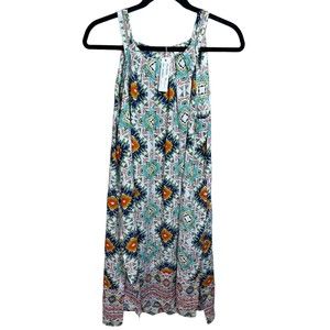 Spense Womens White Aztec Print Dress Sz Large NWT Side‎ Slit Coverup